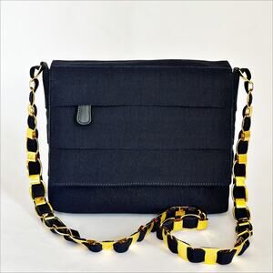 SALVATORE FERRAGAMO Canvas Leather Chain Shoulder Crossbody Bag Navy
